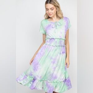 Ces Femme Tie Die smocked waist Dress with neck tie. New Boutique.